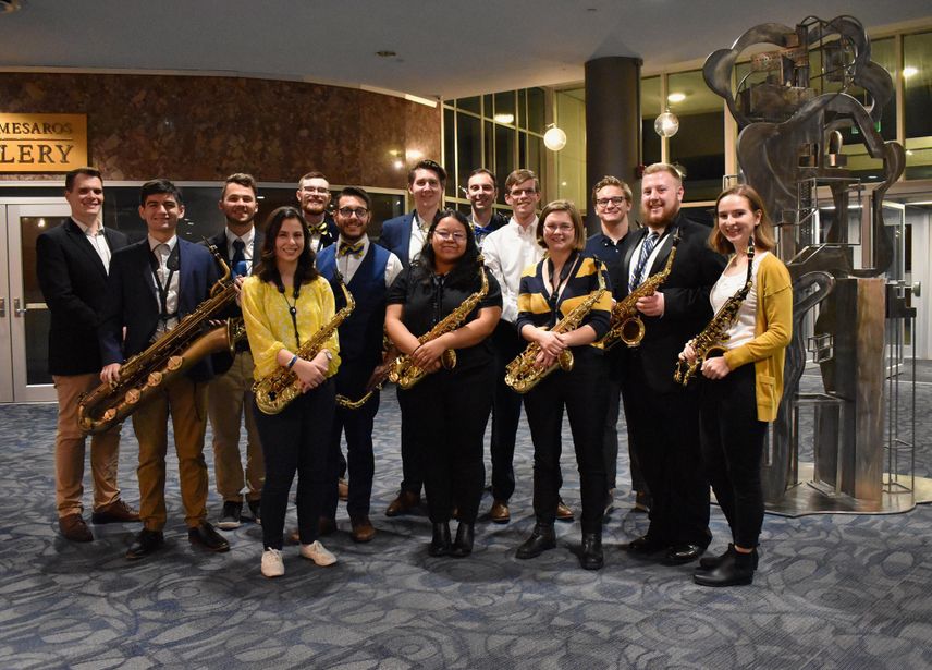 Group photo of saxophone students in the CCAC lobby, 2019